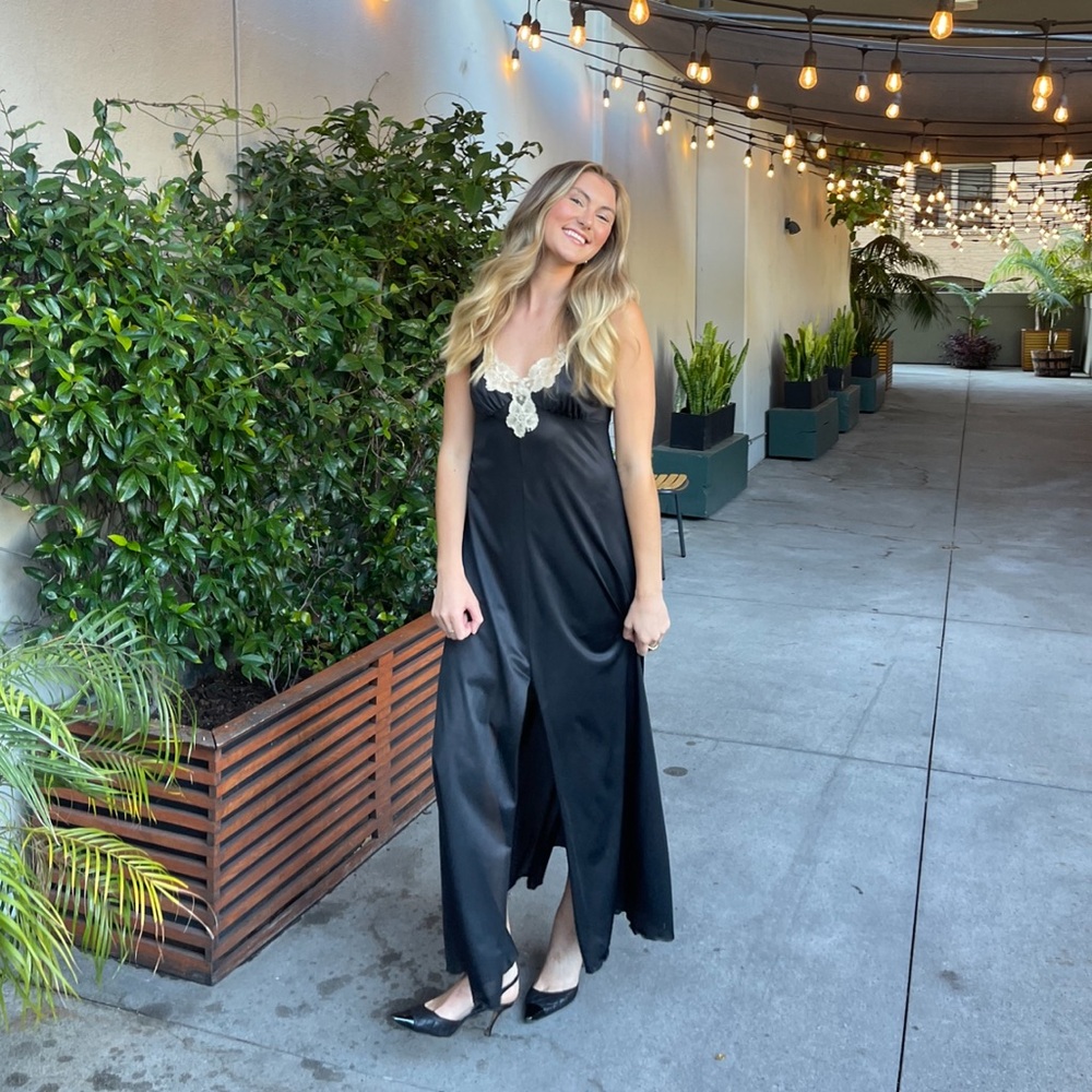 Vintage Black Lace Spaghetti Strap slip dress with slit